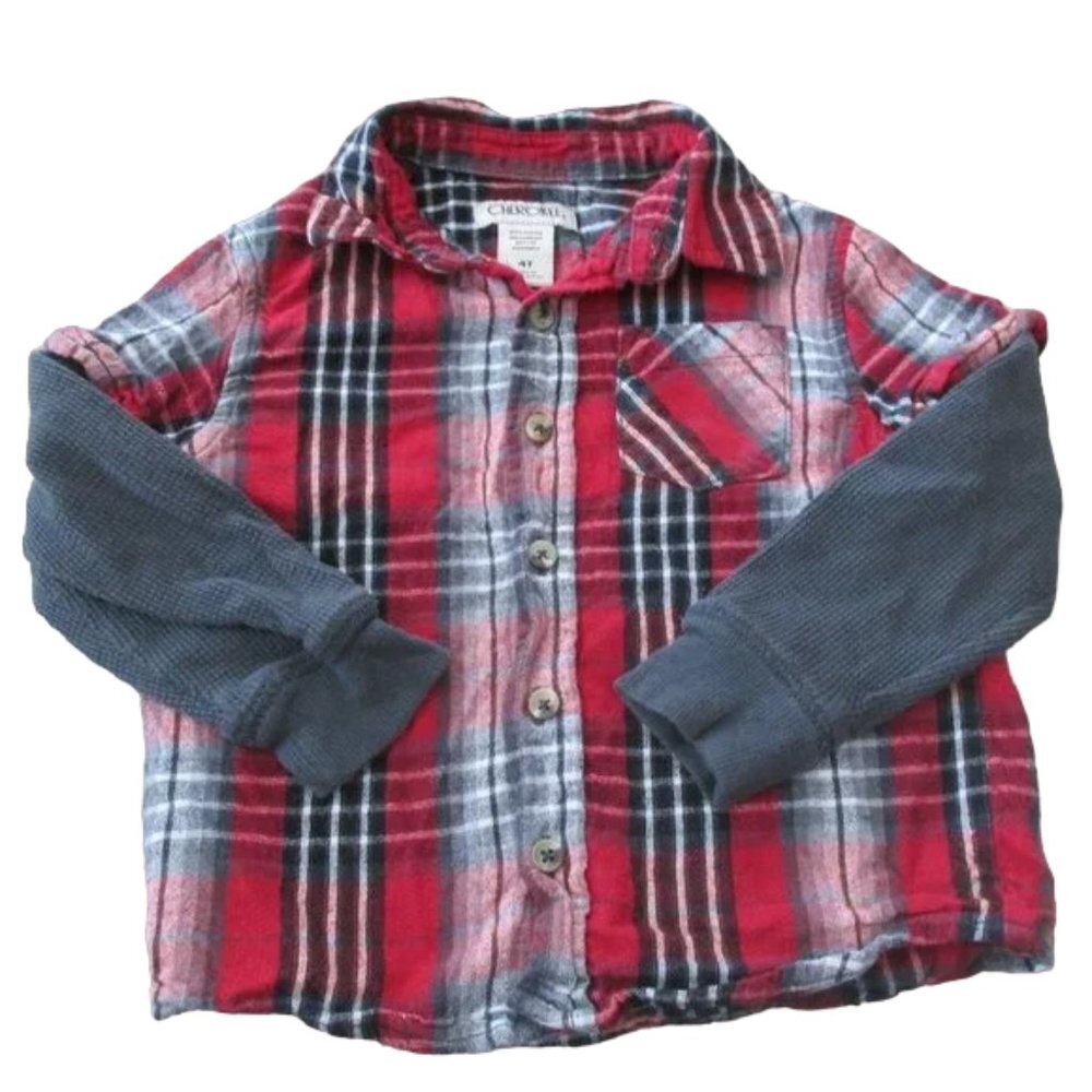 Cherokee Button Front Shirt Toddler Boys 4T Red Plaid Long Sleeve Collared‎ Top